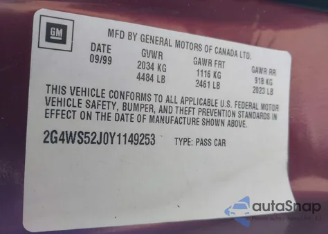 2000 Buick Century Custom from USA, damaged, VIN 2G4WS52J0Y1149253